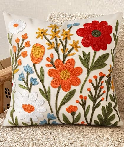 Embroidered Throw Pillow Cover 18x18 Inch - Spring Summer Boho