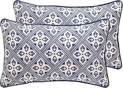 patdrea Designer Throw Pillow Covers Set of 2,Chinoiserie Blue Elegant Linen with Striped Floral Pattern Pillow Cover,Decorative Lumbar Pillowcases Cushion for Bed Living Room Outdoor Car,12"x20&...