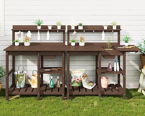 Miniatura 13 de SERWALL Banco para macetas al aire libre con fregadero extraíble, mesa para macetas de polietileno de alta densidad resistente a la putrefacción