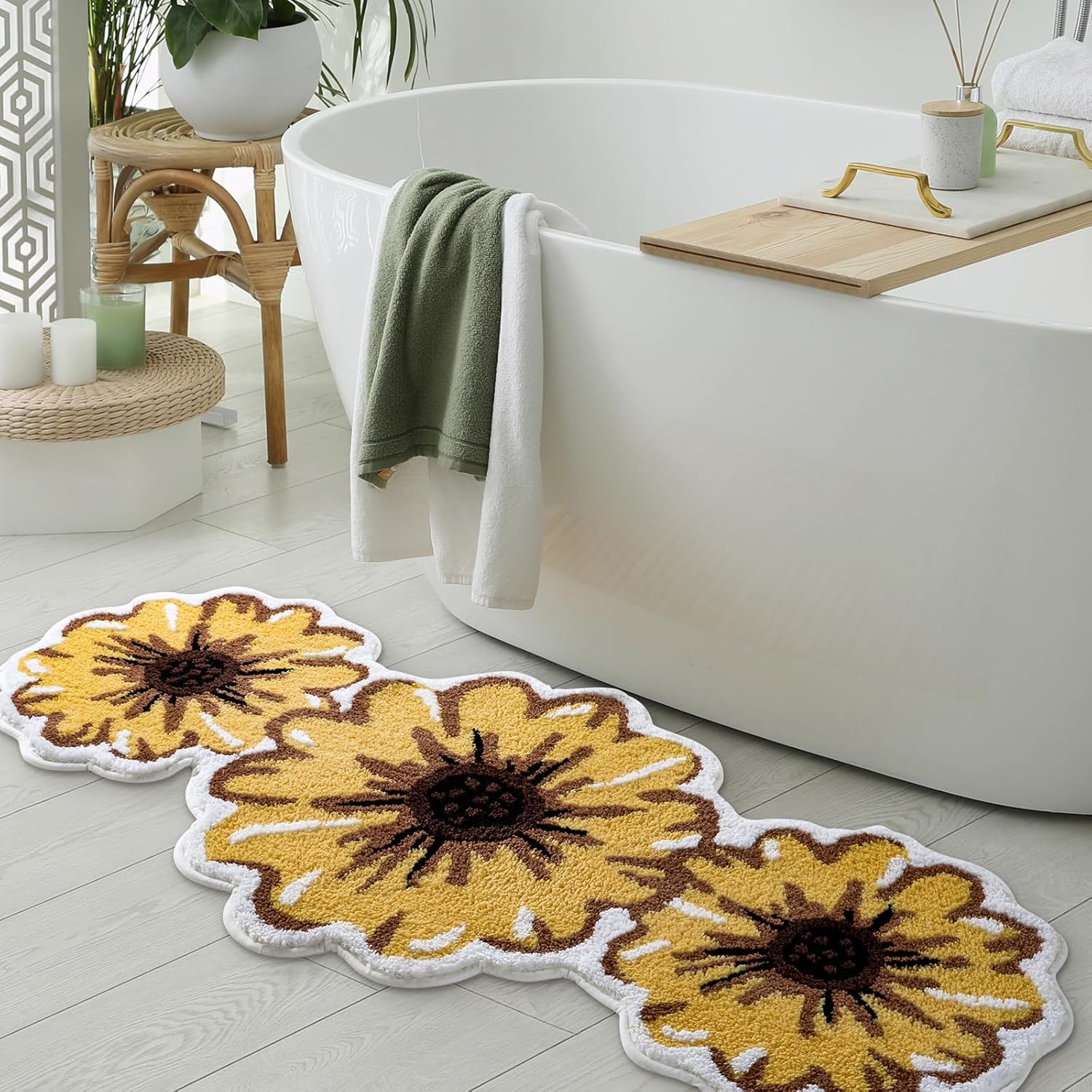 Yellow Daisy Bathroom Runner Rug 24x51 Inch, Summer Soft and Absorbent Tufted Floral Bath Mat Non Slip Washable, Daisy Decorations Flower Shaped Rug for Bathroom, Kitchen, Bedroom and Living Room