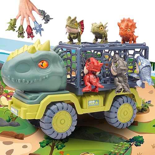 COSOOS Camión de dinosaurios para niños de 3 a 5 años, juguete, camión monstruo T Rex, juego de transporte con sonido y luz, 3 vehículos de