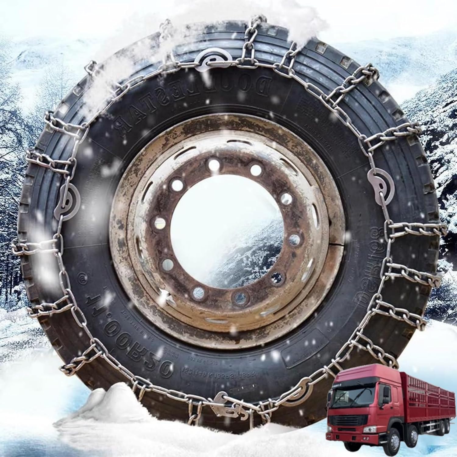2pcs 9mm Snow Chains for Trucks & SUVs – Reinforced Anti-Skid Chains –Easy On and Off for Ice Snow & Sand 7.50-16 2pcs 215/75R17.5