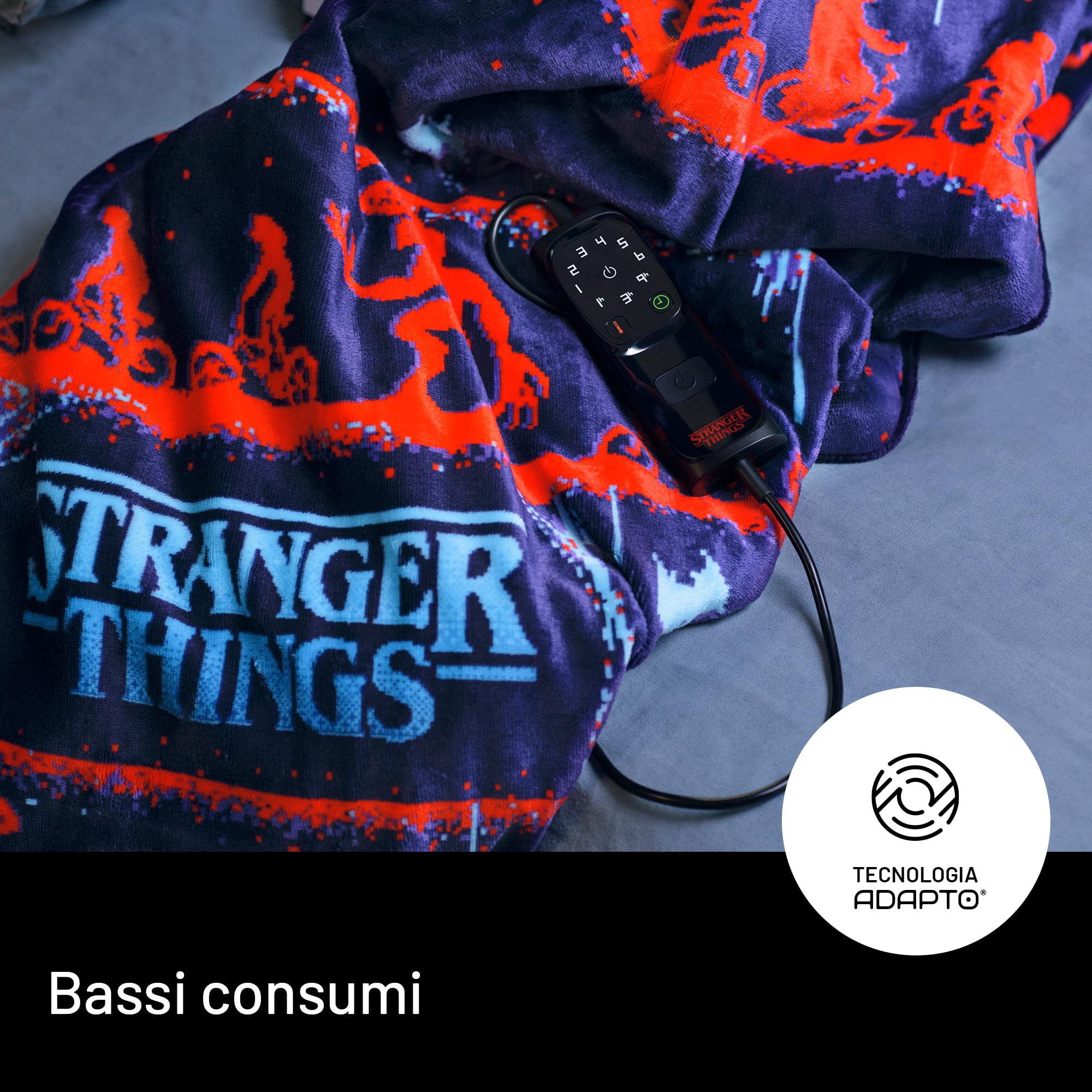 Imetec - CaldoPlaid Stranger Things XL Riscaldabile 180x140cm - Velvet Morbido, Termocromatica, 6 Temperature, Basso Consumo - RUN!