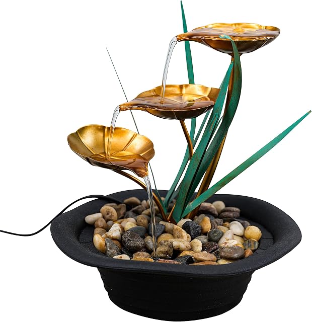 GEEZY Indoor Tabletop Fountain Water Feature LED Lights Polyresin Statues Home Decoration (Lotus Fountain)
