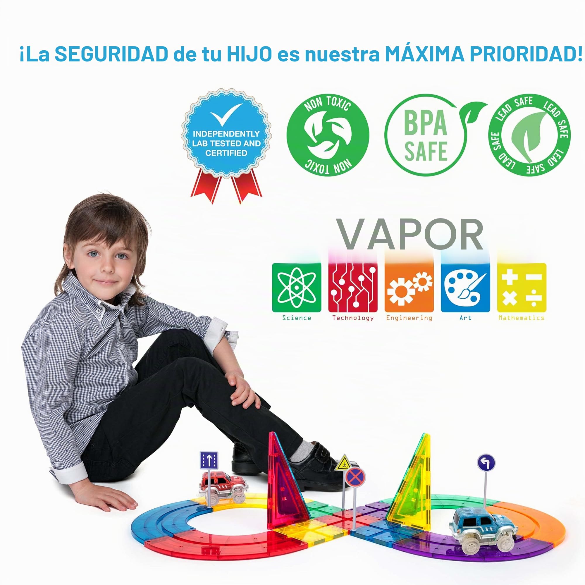 PicassoTiles Juego de 50 Piezas de Carreras de Coches de Carreras Bloque de construcción de Juguetes educativos magnéticos Azulejos imán DIY Playset 2