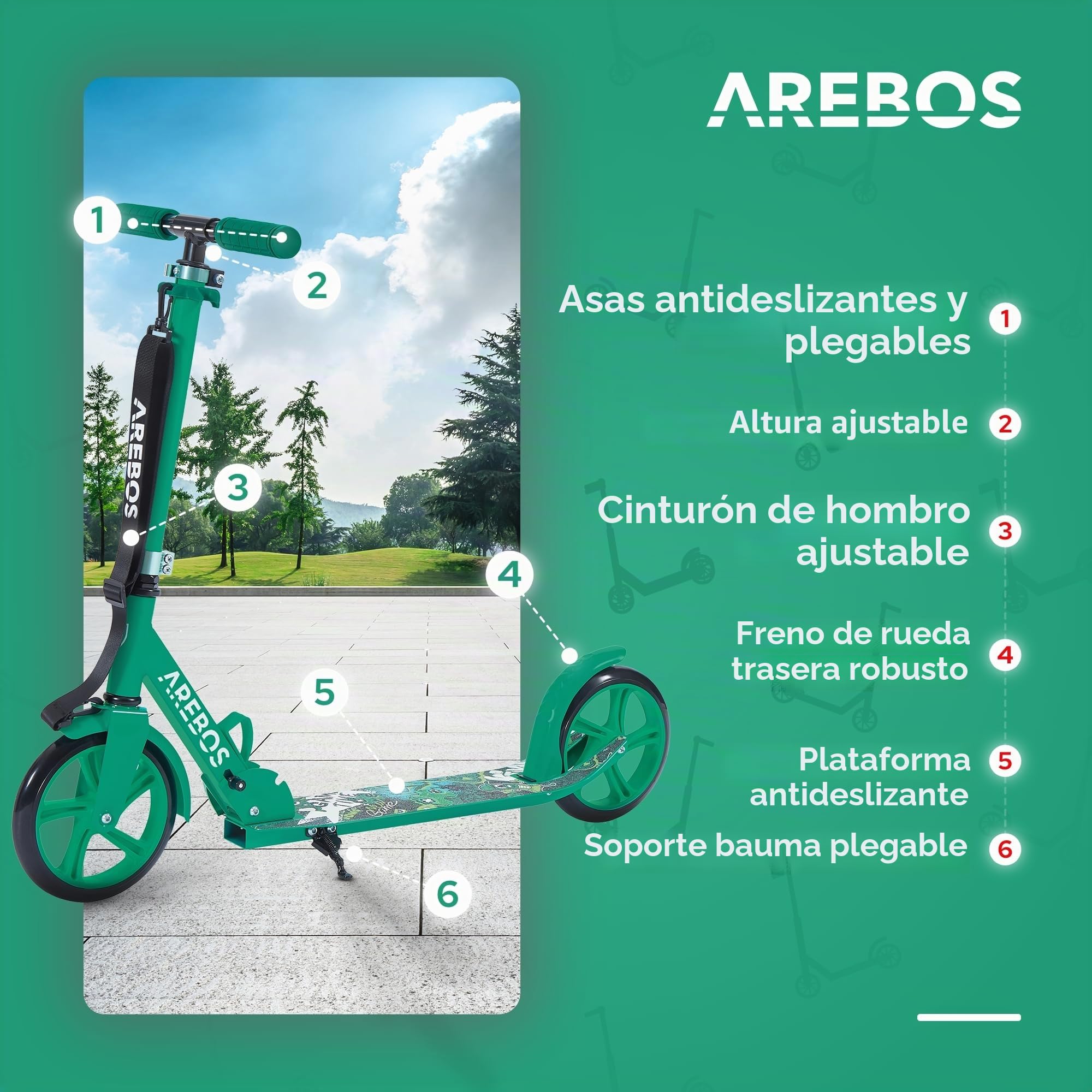 Arebos City Scooter Patinete a Pedales Patinete Regulable en Altura | Plegable | Incl. Correa de Transporte | Ruedas XXL | Freno de Pedal |para niños y Adultos |100kg de Capacidad de Carga