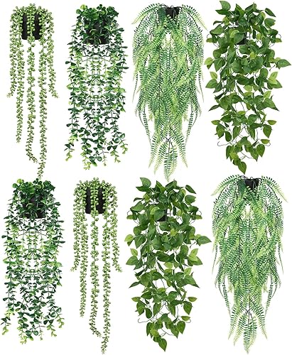 Jexine 8 plantas colgantes artificiales con maceta, plantas falsas en maceta, plantas falsas de plástico, plantas falsas de eucalipto sintético,