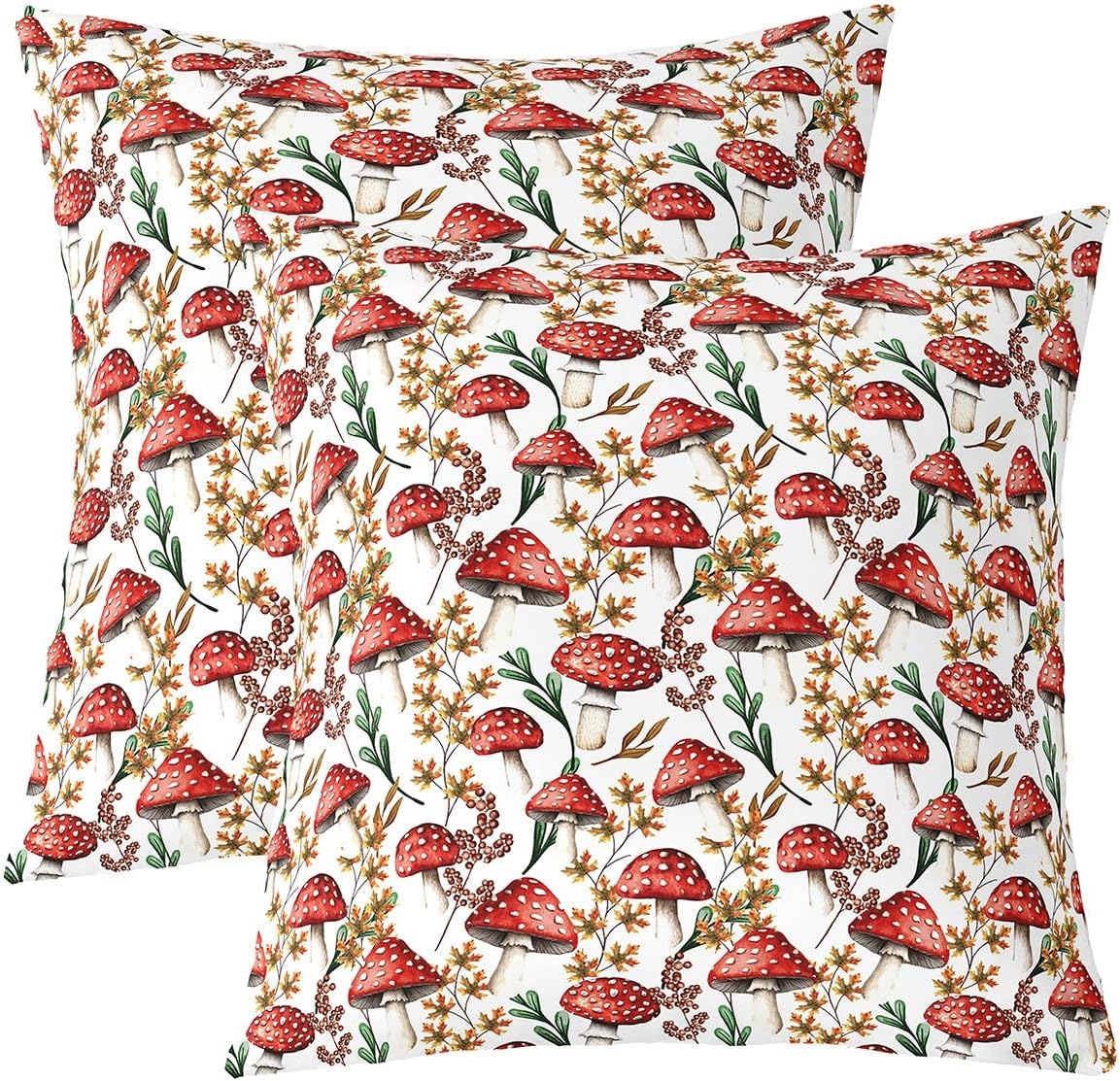 Manfei Mushroom Pillow Covers for Kids Teens,Watercolor Flowers Leaves Throw Cushion Covers 16"x16",Jungle Natural Plant Room Decor Cushion Cases,Botanical Mushroom Rustic Style Pillow Cases Set of 2
