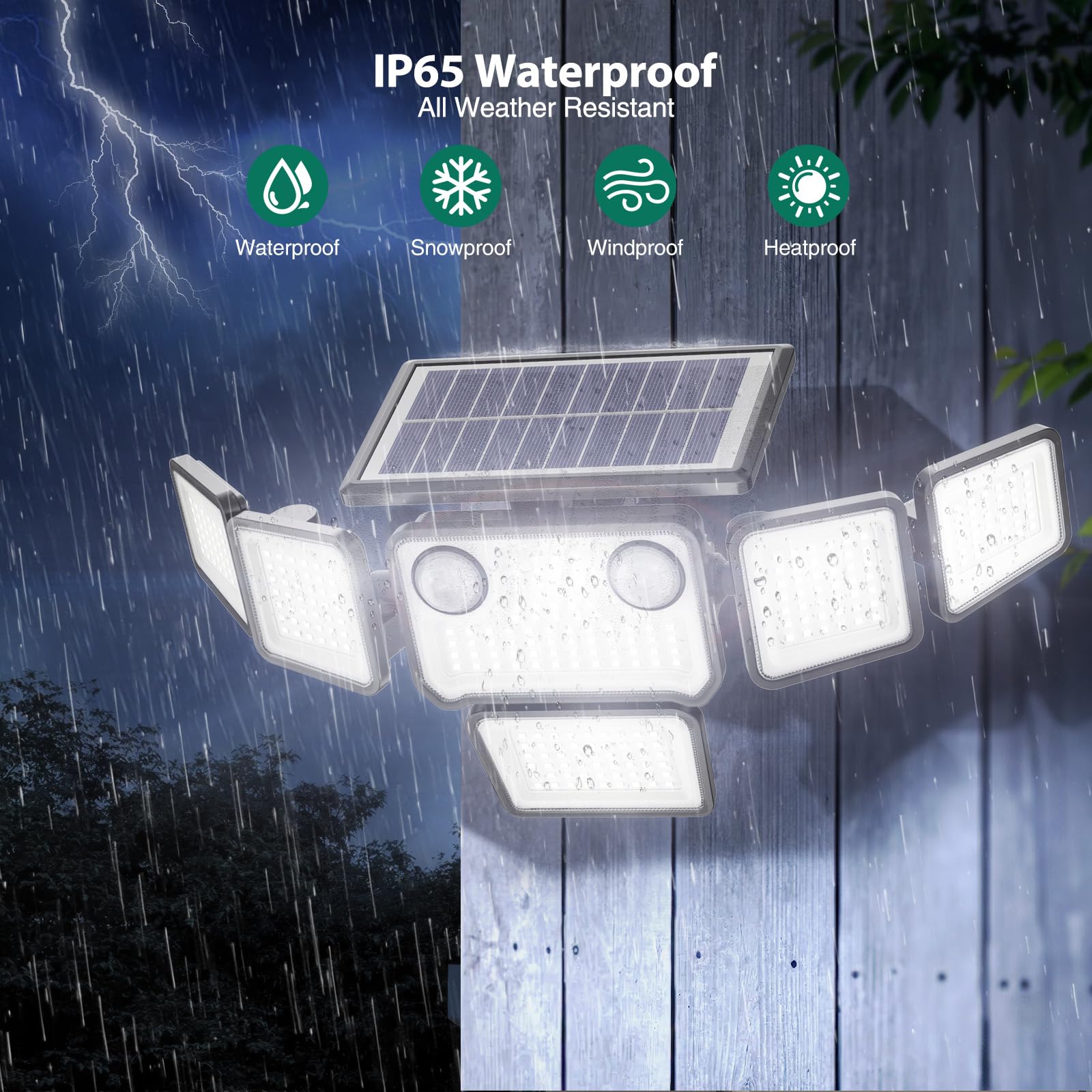 Luces solares con sensor de movimiento dual para exteriores, 3000 lm, 6 cabezales ajustables, luces solares de pared de seguridad, IP65 impermeable y control remoto para graden, exterior, patio