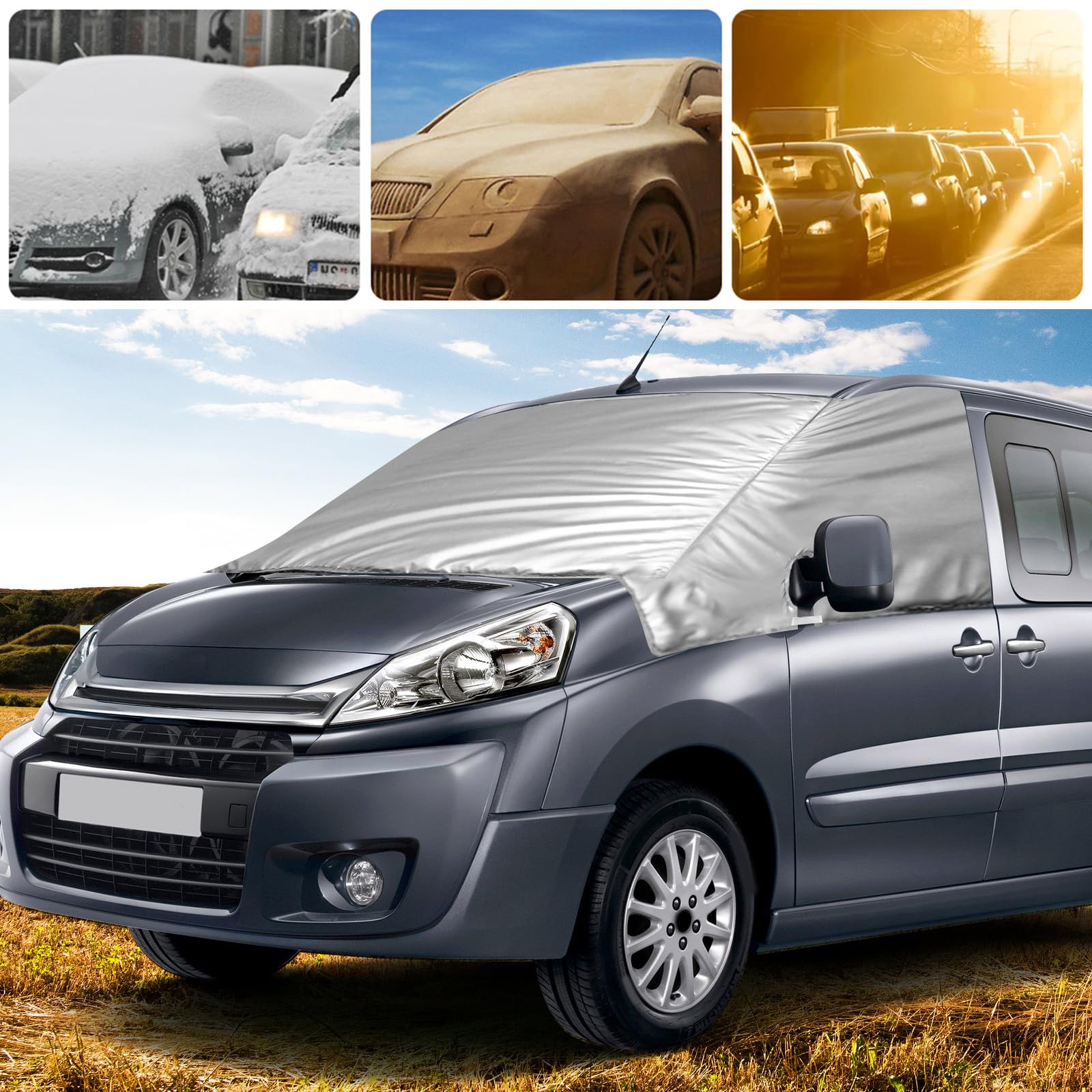 Osłona na przednią szybę kompatybilna z Citroen Jumpy FIAT Scudo Peugeot Expert 2007-2016 Toyota Proace 2013-2016, osłona zewnętrzna przedniej szyby, zasłona przeciwsłoneczna, osłona na śnieg i lód