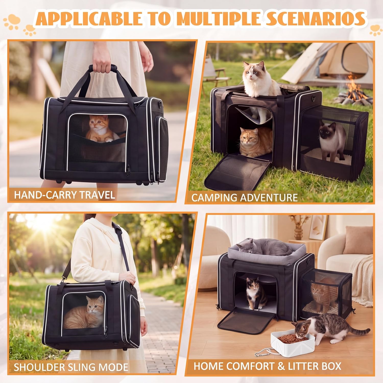 Extra Large Cat Carrier with Built-in Litter Box for Car Travel & Road Trips, Expands to 36"x17"x17", Soft-sided Foldable Travel Crate for 1-2 Large Cats, Multi-entry, Ventilated Mesh, Seat Belt Ready