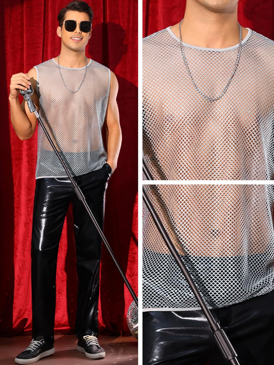 Lars Amadeus Sheer Tank Top for Men's See Through Sleeveless Party Shiny Muscle Mesh Vest - Image 4