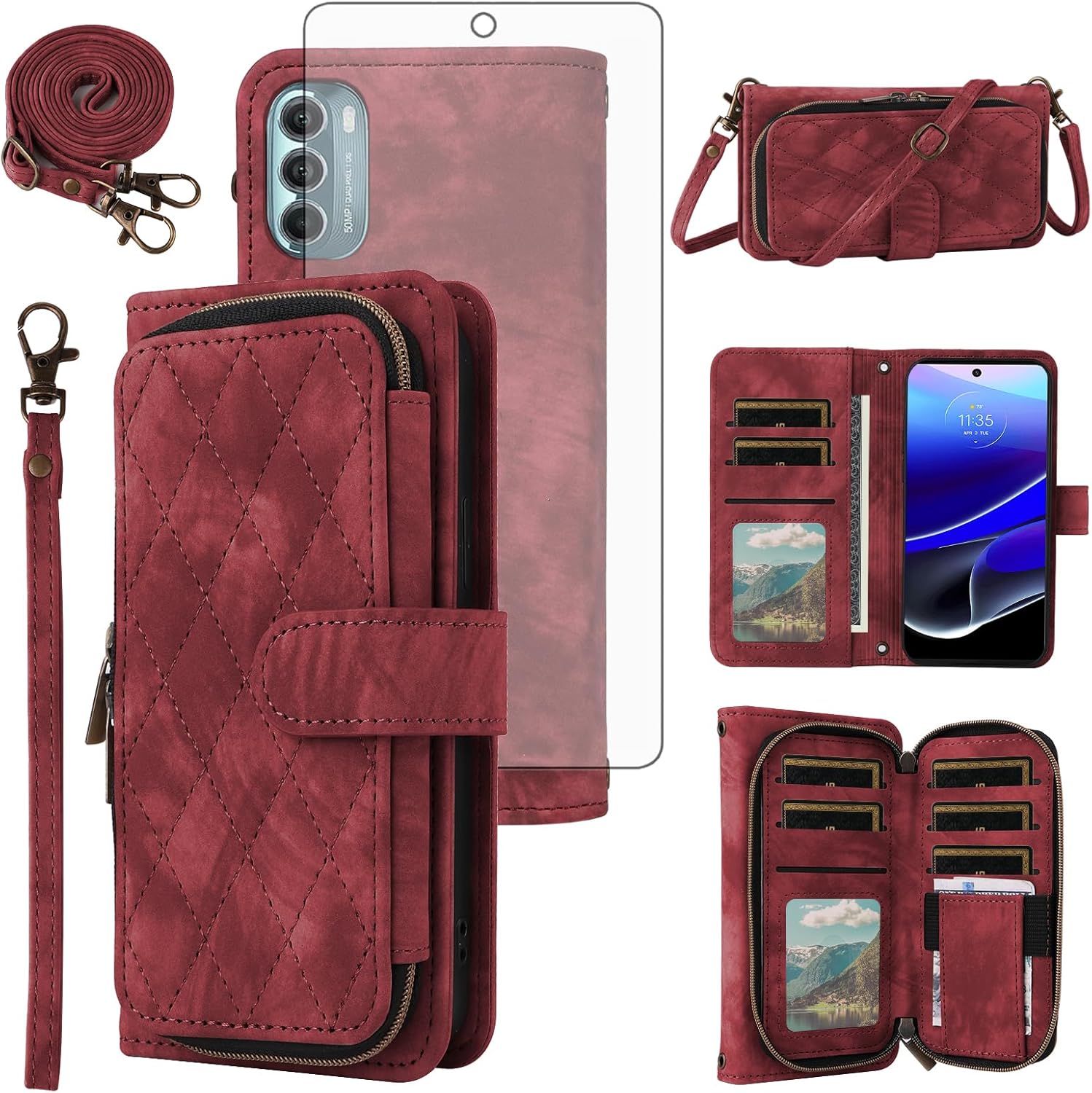 Phone Case for Motorola Moto G Stylus 5G 2022 Wallet Cell Cover with Tempered Glass Screen Protector Crossbody Lanyard Strap Flip Stand Zipper Purse Card Holder XT2215-1 XT2215-4 XT2215DL Women Red