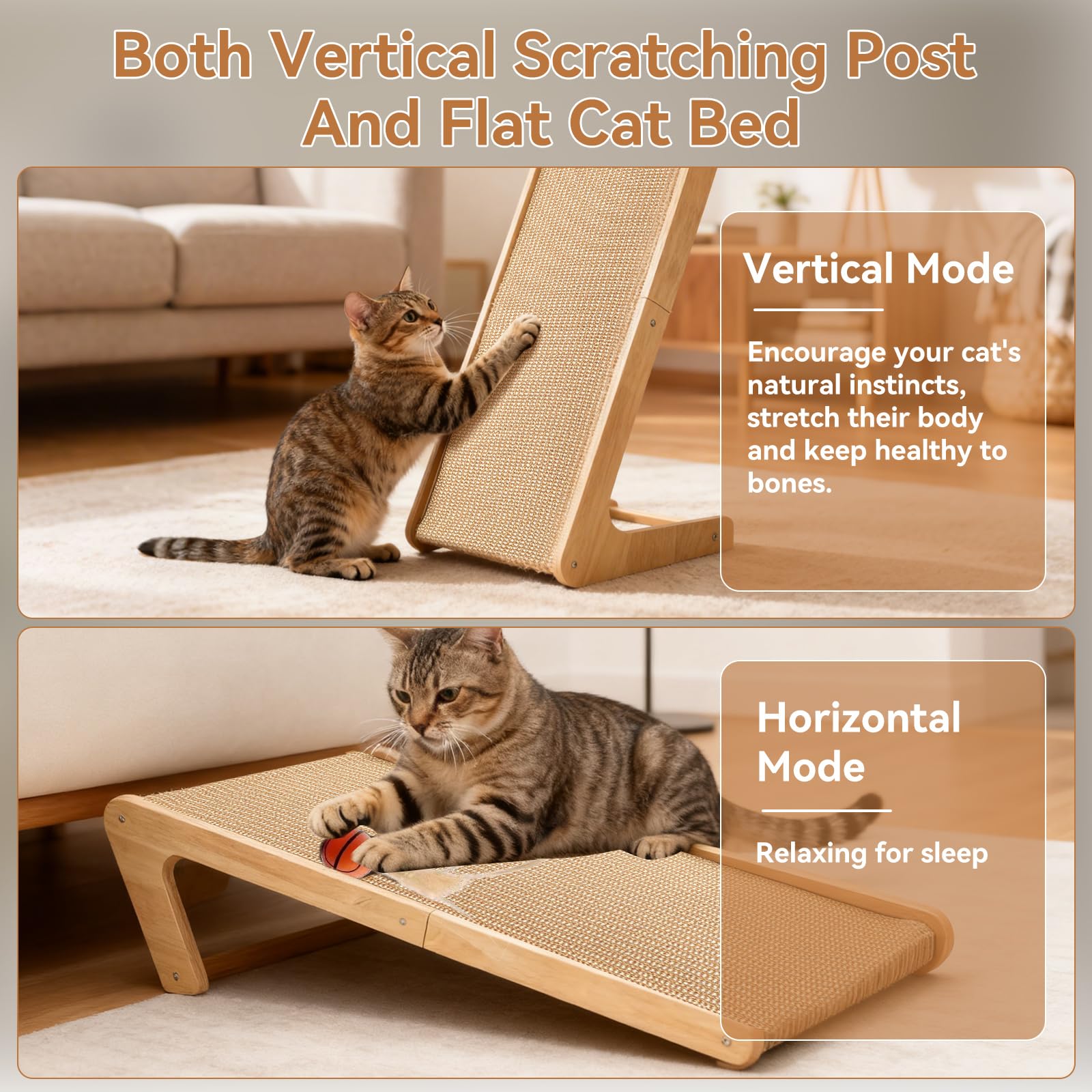 Sisal Katzenkratzer, L-Form 105° Kratzpad, 68 cm hoch Kratzbrett für Indoor-Katzen, Wandmöbelschutz für alle Katzen liegend, Entspannen mit Ballspielzeug