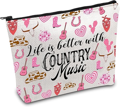 FOTAP Bolsa de maquillaje para amantes de la música country, bolsa de maquillaje para chica de campo, la vida es mejor con la música country con