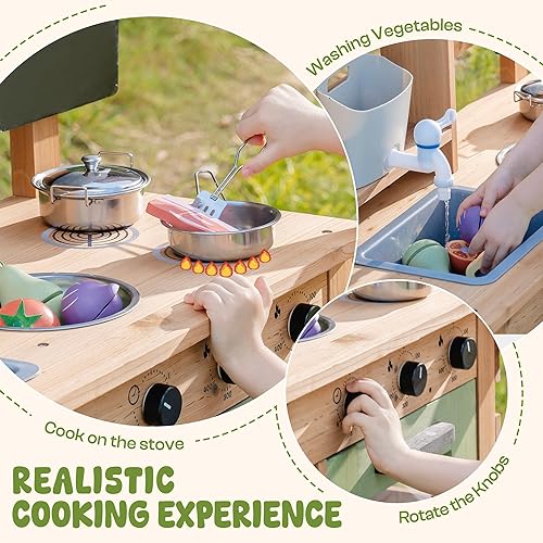 Miniatura 6 de ROBOTIME Cocina de barro, cocina de juego al aire libre para niños, juego de cocina de barro de madera con fregadero extraíble y pizarra, accesorios