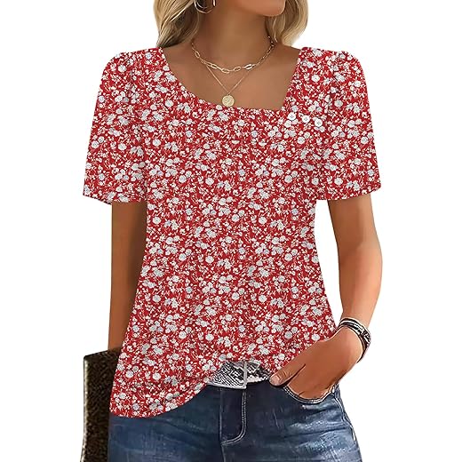 WIHOLL Womens Summer Tops Short Sleeve Shirts Square Neck Spring Outfits 2026 Fashion Clothing Blouses