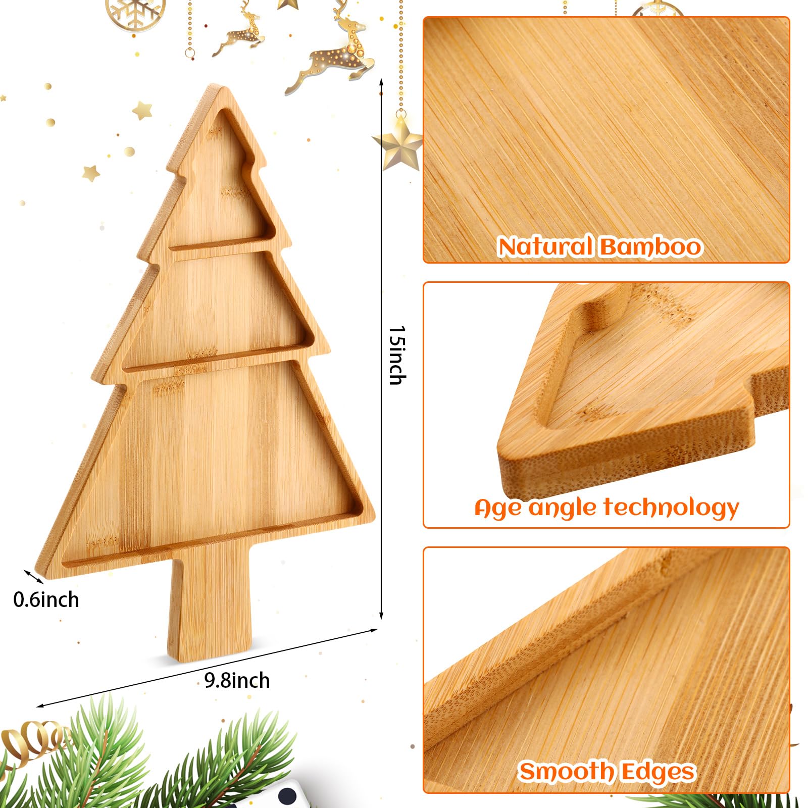 Suzile 4 platos de bambú con forma de árbol de Navidad de 15 x 9.8 pulgadas, platos de bambú reutilizables de madera, bandeja de charcutería divertida, plato de servir árbol para frutas, pan, queso,