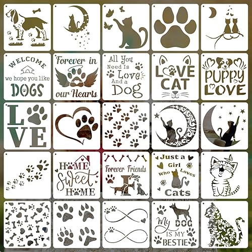 Plantillas de perro y gato de 6 pulgadas para pintar, plantilla reutilizable de pata de perro, 25 piezas de estilo de mascota, plantilla de