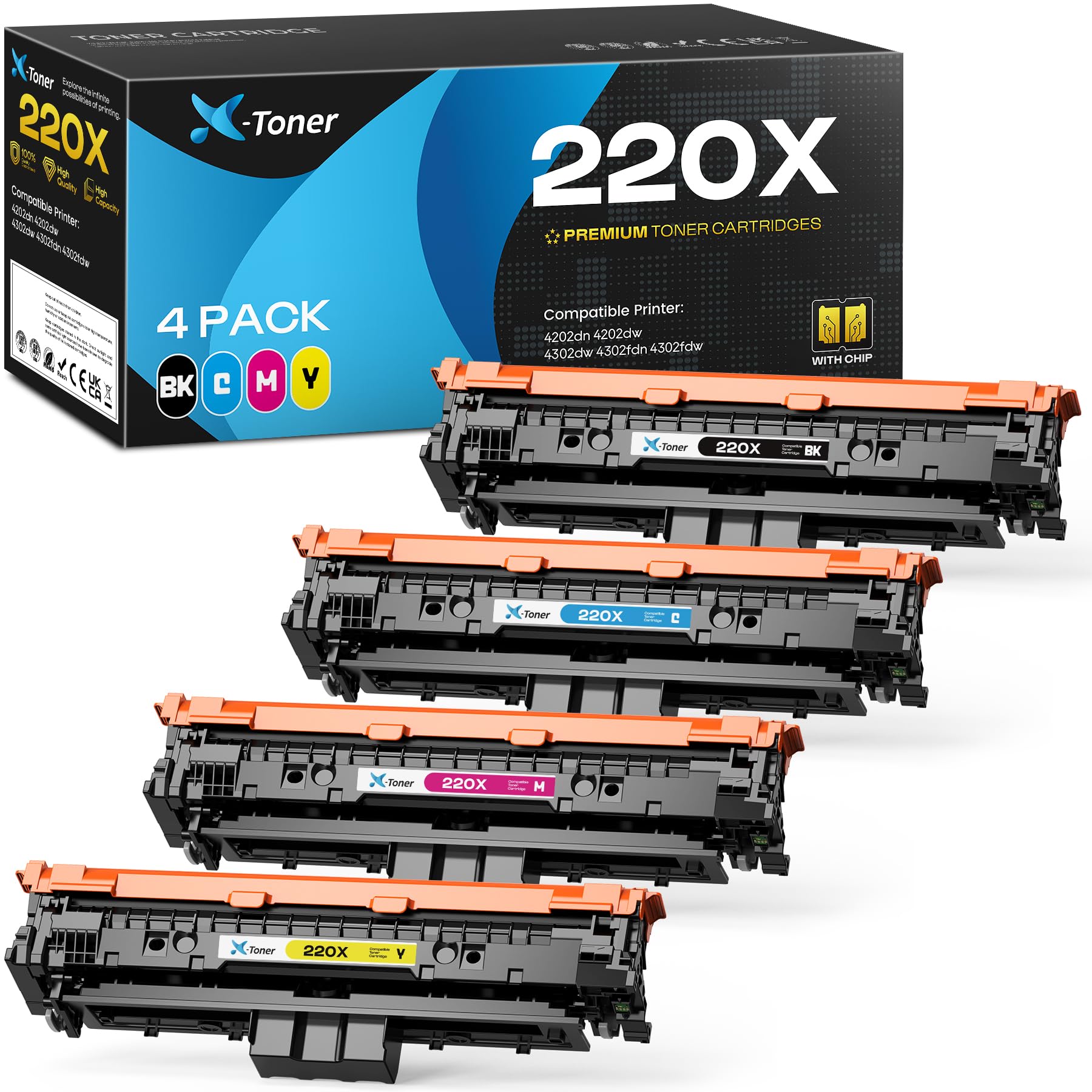 X-Toner 220X Compatible con HP 220X W2200X W2201X W2202X W2203X | Compatible con HP Color LaserJet Pro MFP 4302dw 4302fdw 4302fdn, para Color LaserJet Pro 4202dw 4202dn (Paquete de 4)