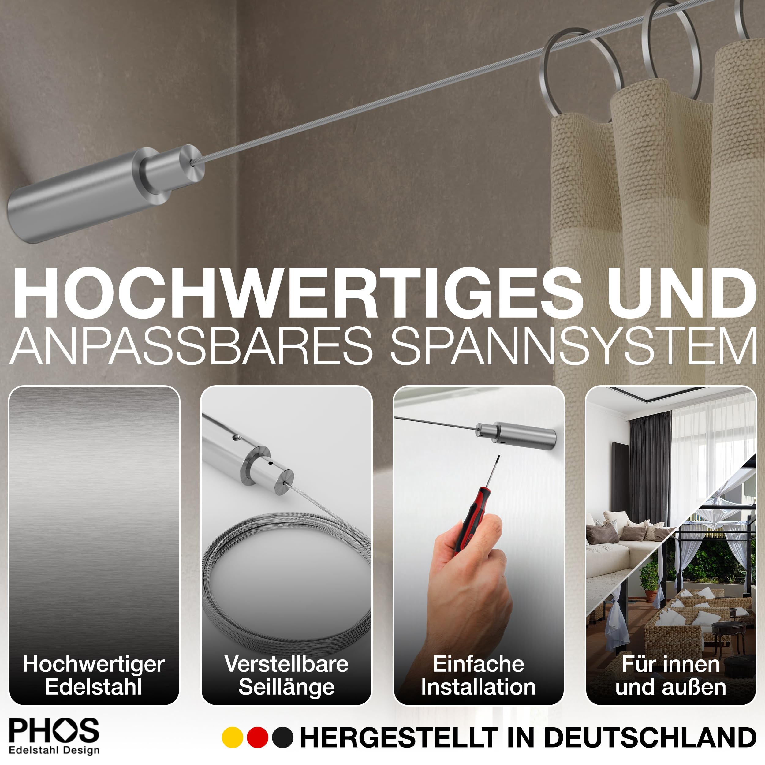 Seilspanngarnitur von Wand zu Wand axial bis zu 5 Meter Spannweite, einkürzbar, Edelstahl matt, rostfrei, Gardinendraht, Vorhangseil, Gardinenseil, Seilspannsystem