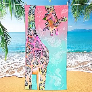 Bonsai Tree Giraffe Beach Towel, Cute Funny Teal Pink Mandala Giraffe Mi...