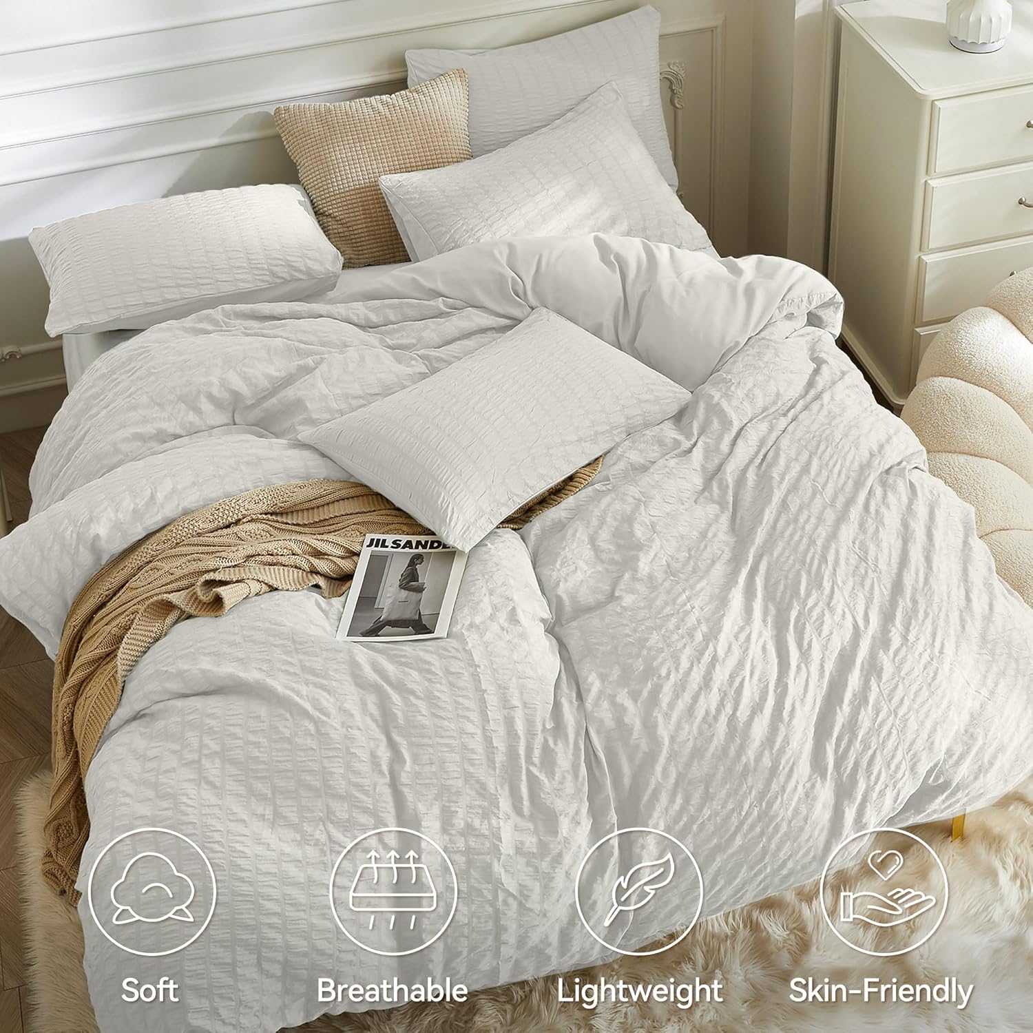 JELLYMONI Beige Duvet Cover Queen Size, 3pcs Washed Microfiber Bedding Set, Soft Breathable Seersucker Duvet Cover Set with Zipper Closure and Corner Ties for All Seasons - Image 2