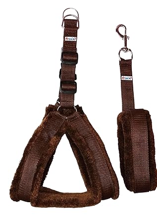 Petshop7 Nylon Dog Harness & Leash Set with Fur 1.25 inch Large - Brown (Chest Size - 30-38)
