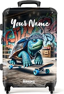 NoBoringSuitcases.com® Children's Luggage Kids Suitcase for Boys - Personalised Large Hard Shell Luggage on Wheels - Green-Blue Turtle on Skateboard - 26-28 inch - 23kg