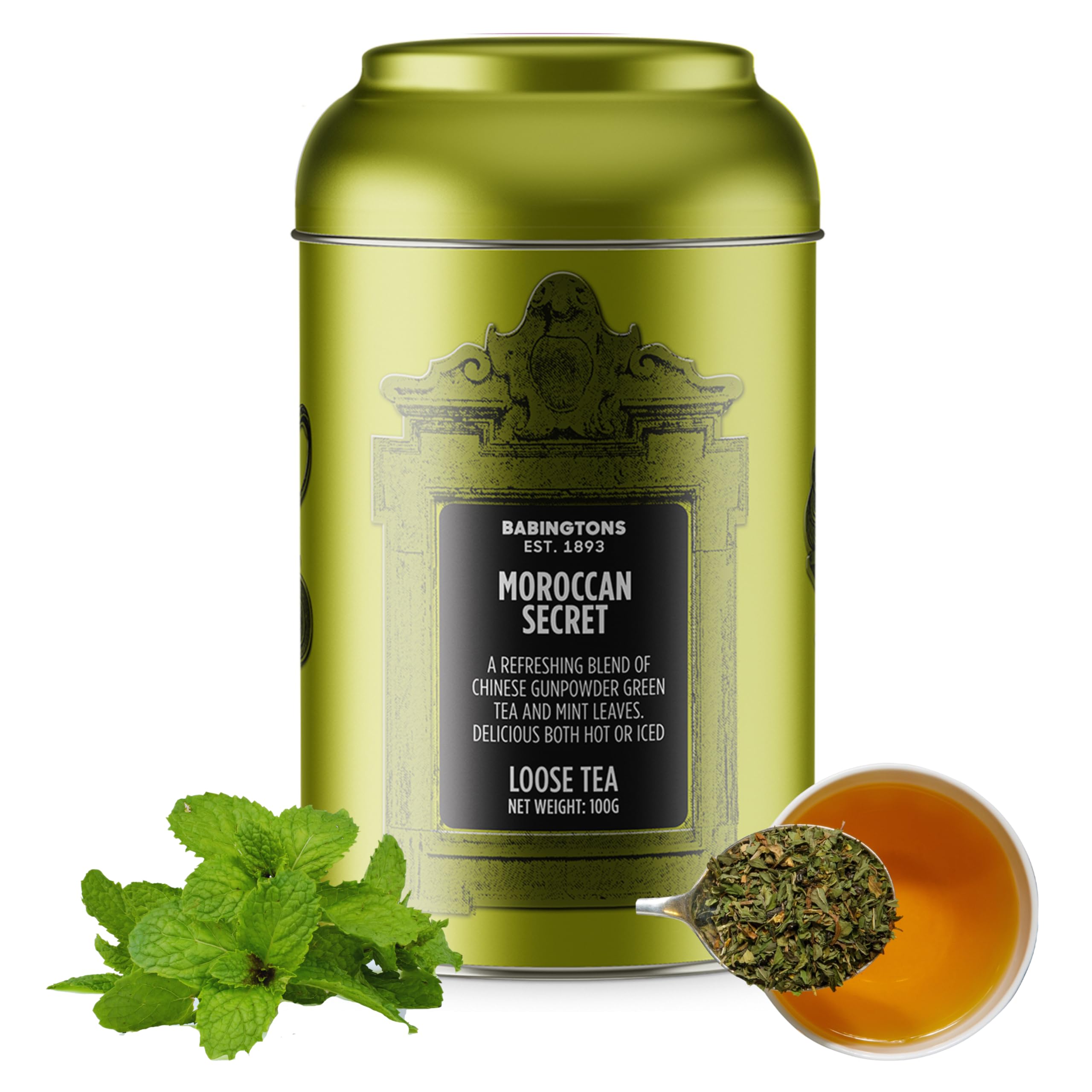 Babingtons Moroccan Secret Mint Tea Leaves – Premium Loose Leaf Gunpowder Green Tea Caddy with Peppermint, Natural Herbal Tea for Indigestion & Digestive Support - Loose Leaf Caddy 100g