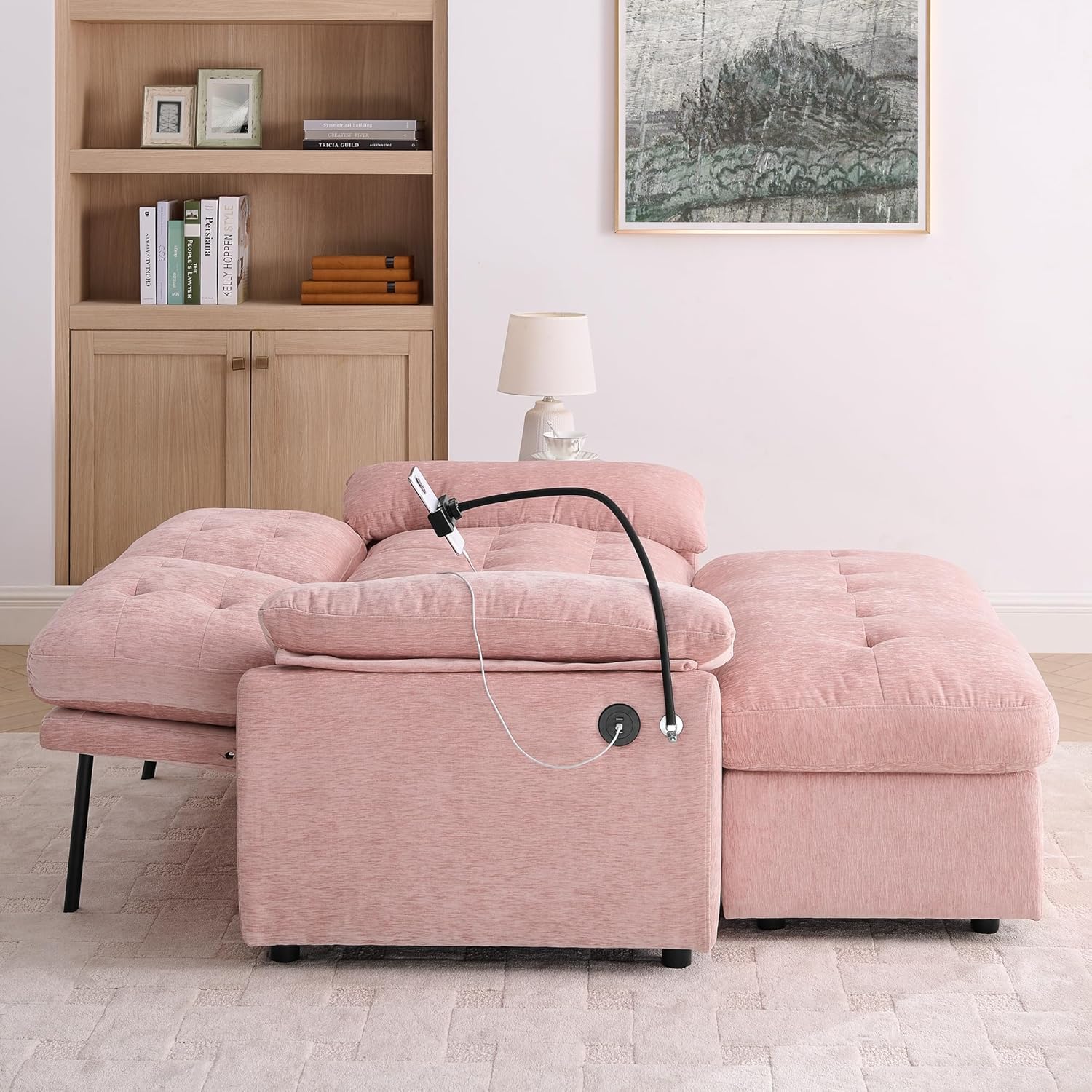 Eafurn Loveseat Sleeper Chair with Storage Ottoman, Adjustable Recliner Sofa with Side USB Charging Port & 360° Phone Stand, Tufted Fabric Reading Chair with Padded Armrests | Breathable material, Pillow Armrest