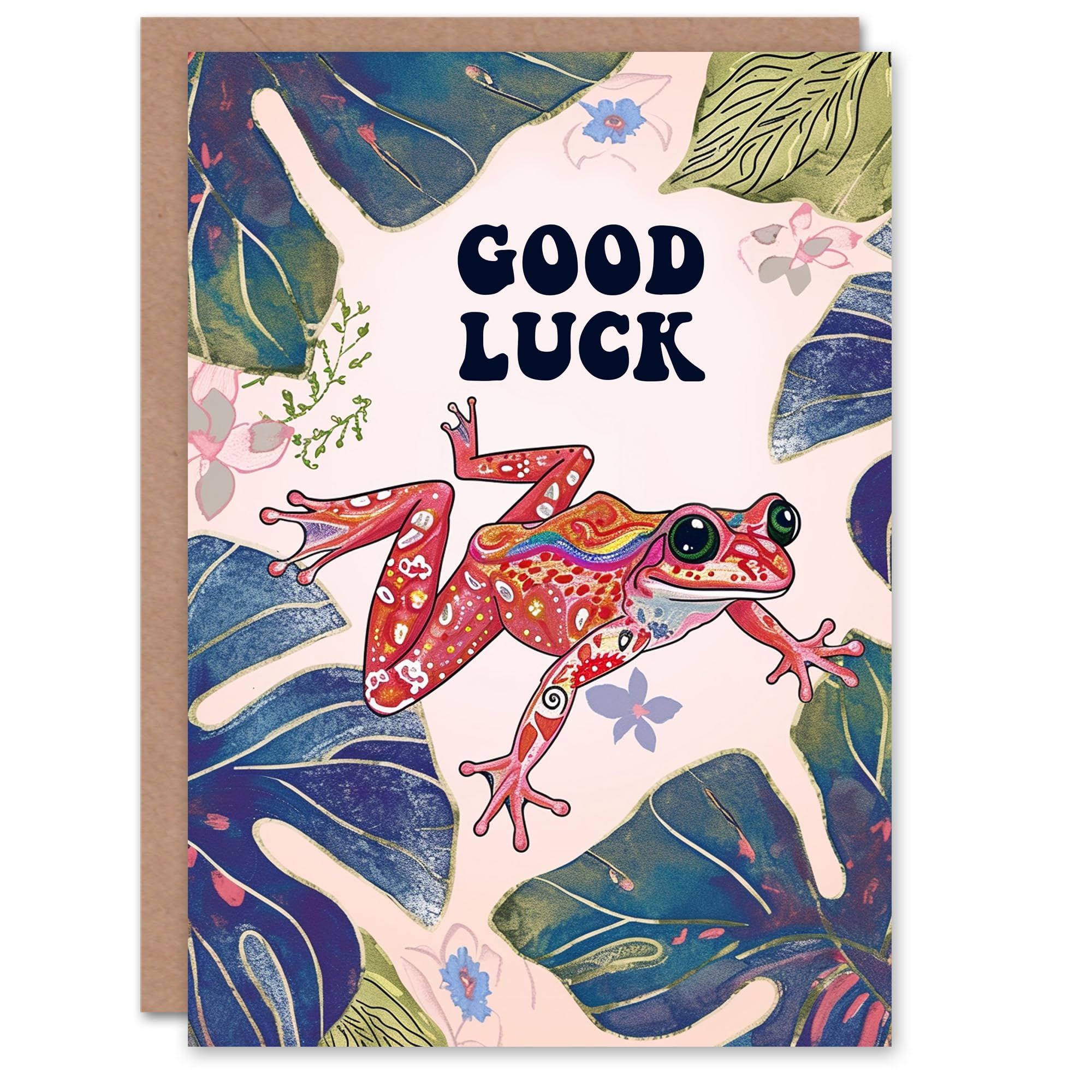 Artery8 Good Luck Card Cute Colourful Jungle Frog Bright Folk Art For Her Gran Sister Niece Daughter Wife Woman Greeting Card
