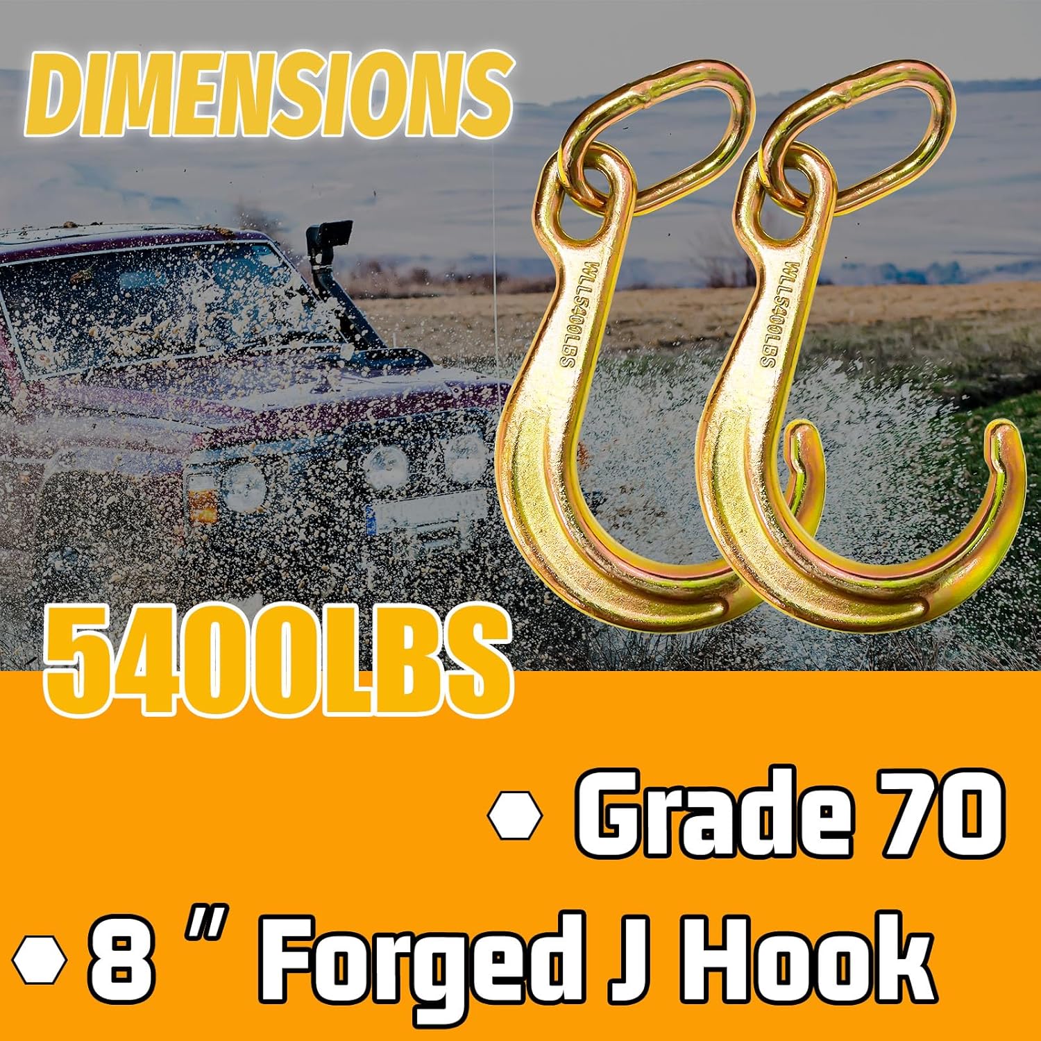 G70 J Hook 8 Inch Short Tow Hook on Coupling Link 5400 Lbs Safe Working Load Yellow Zinc Towing J Hook Axle Strap Wrecker Roll Back Clevis for Chain Heavy Duty for Trucks Flatbed Trailers