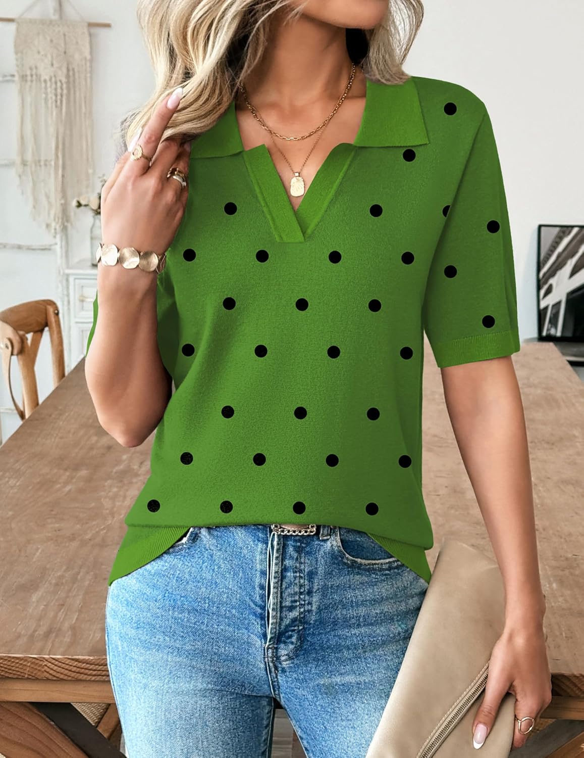 Zeagoo Women's Short Sleeve Polo Sweater V Neck Knitted Spring Casual Work Tops Loose Pullover Shirt - Image 2