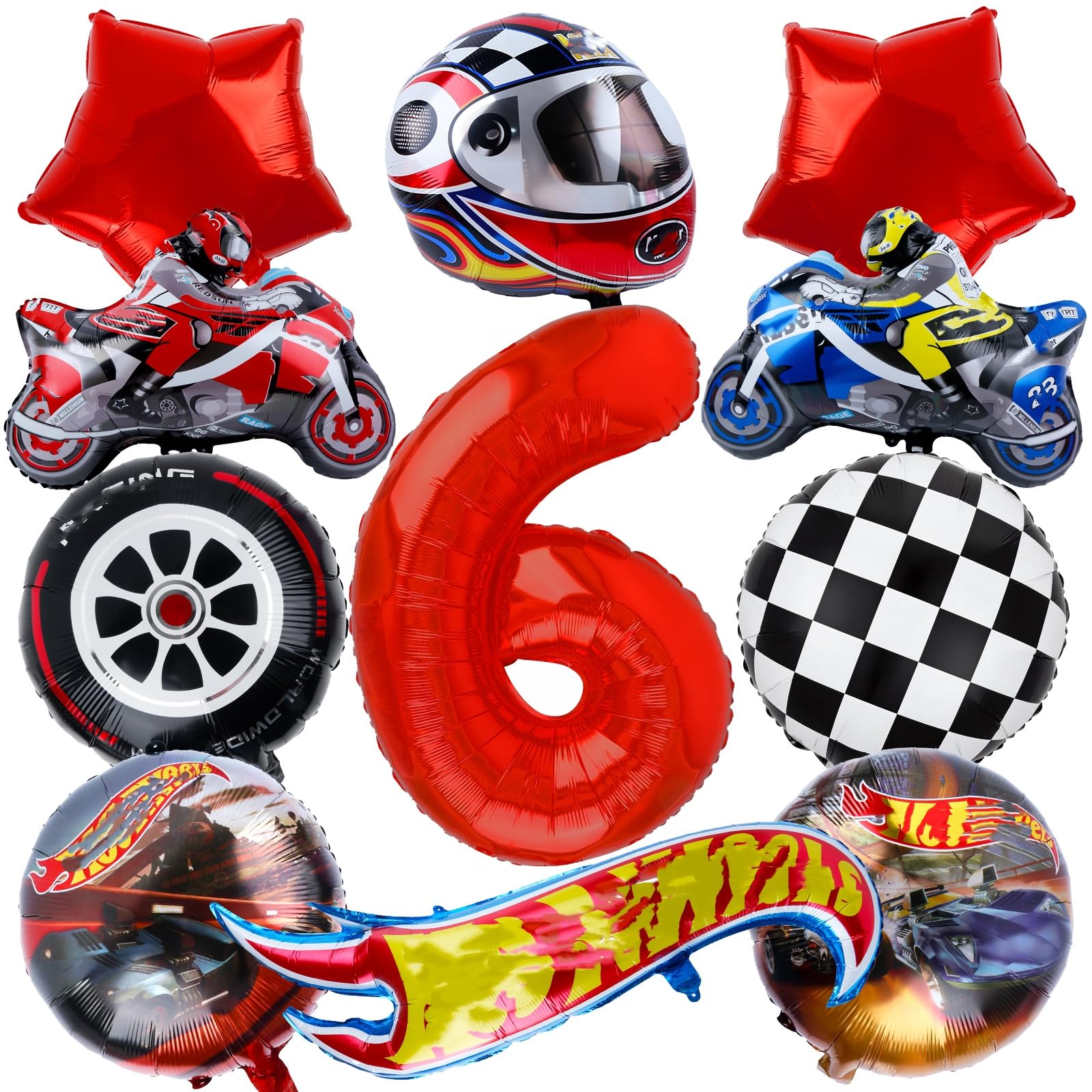 Auto Luftballons Geburtstagsdeko Junge 6 Jahre, 11pcs Cars Geburtstagsdeko Foilballoons mit Junge Helm Rennauto Ballons Motorrad Ballons ect, Partyzubehör für Kindergeburtstag