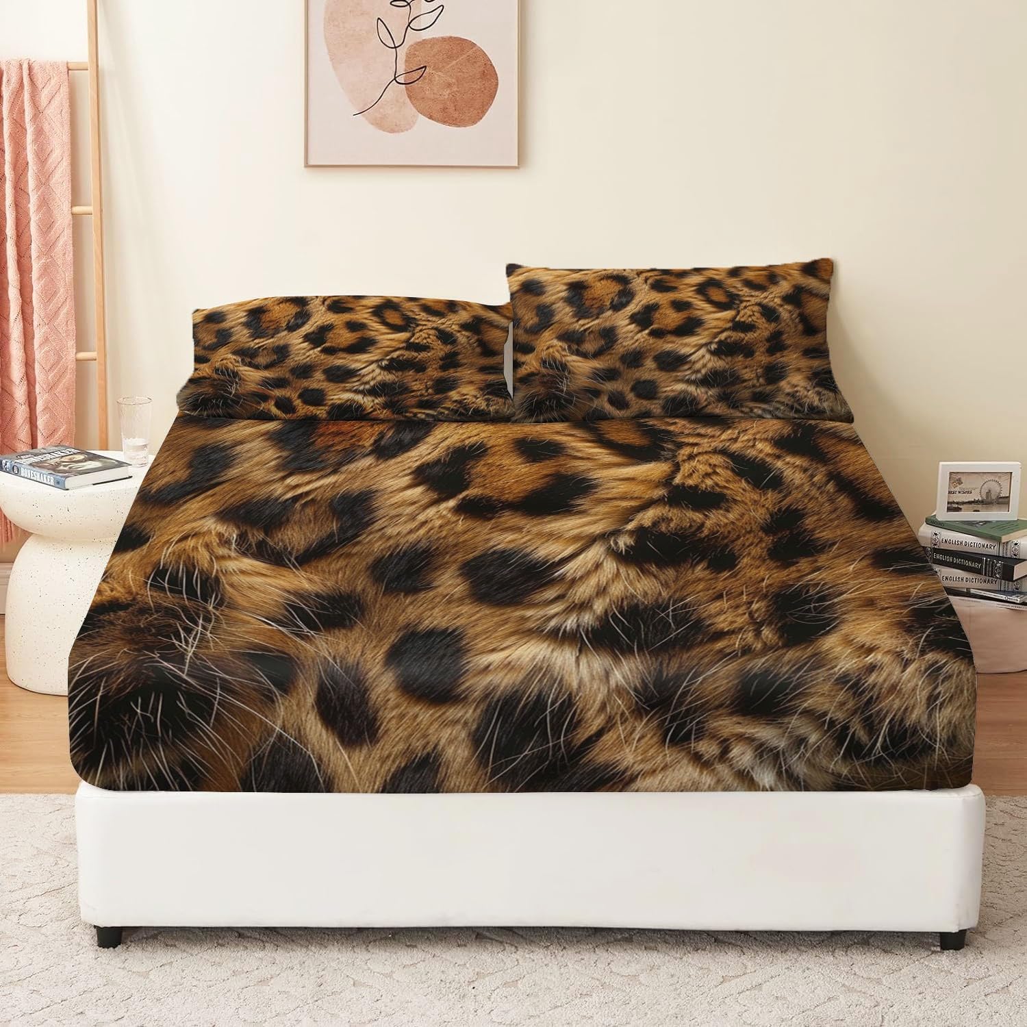 Print Fitted Sheet Set Twin Size for Kids Boys Girls, Bed Sheets Animal Leopard Print Pattern Fitted Sheet Adults Flat Sheet Soft Luxury, Home Room Decor 4Pcs