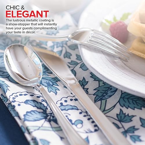 Miniatura 6 de Juego de cubiertos de plástico preenrollados para fiestas paquete de 25 unidades juego de cubiertos plateados cucharas desechables tenedores