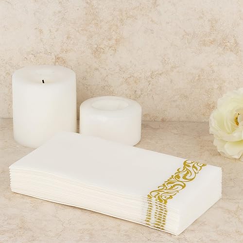 Vista 9 de Party Bargains Toallas desechables de lino para invitados, paquete de 50, 13 x 16 pulgadas, color blanco con estampado de encaje dorado, toallas