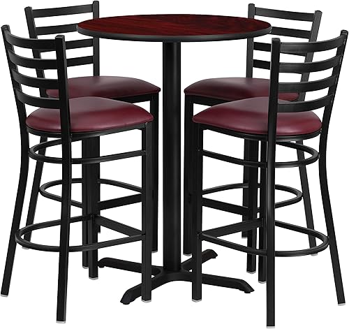 Miniatura 5 de Flash Furniture Juego de mesa laminada redonda de nogal de 30.0in, con base en X y 4 taburetes de metal con respaldo de escaleras, asiento de vinilo