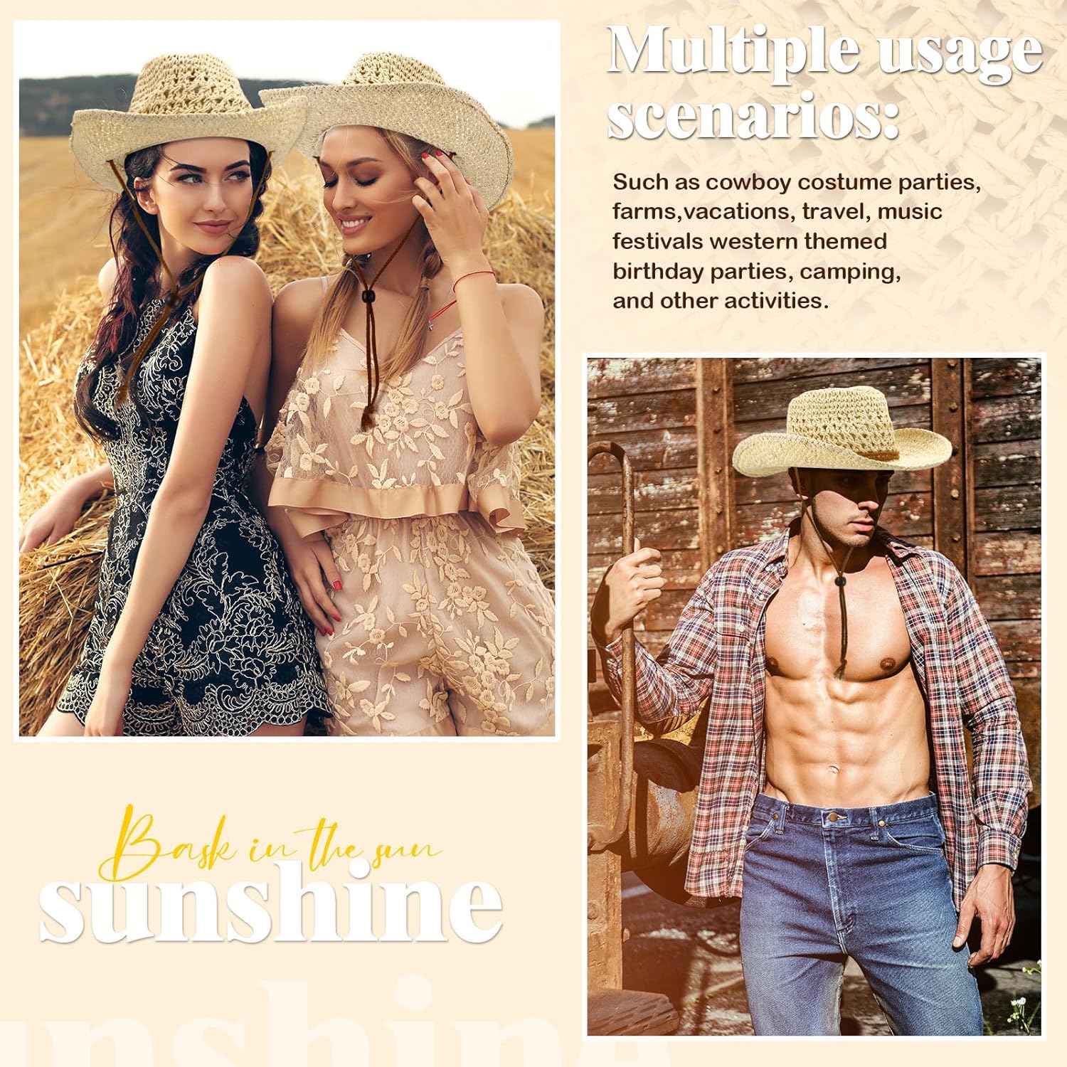 Newcotte 9 Pack Straw Cowboy Hats for Women Western Cowgirl Beach Sun Hat Bulk with Windproof Rope for Party Travel