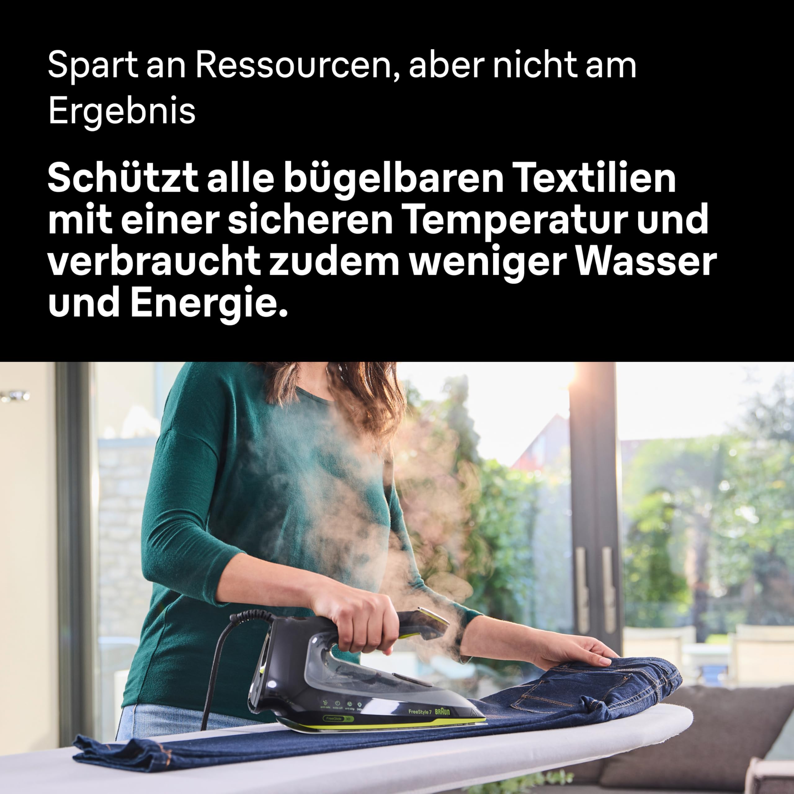 Braun FreeStyle 7 – Dampfbügeleisen mit ergonischem Griffdesign, Bügelergebnisse wie mit einer Dampfbügelstation, Schnelles und müheloses Bügeln, Schwarz/Grün (FI 7255 GR)