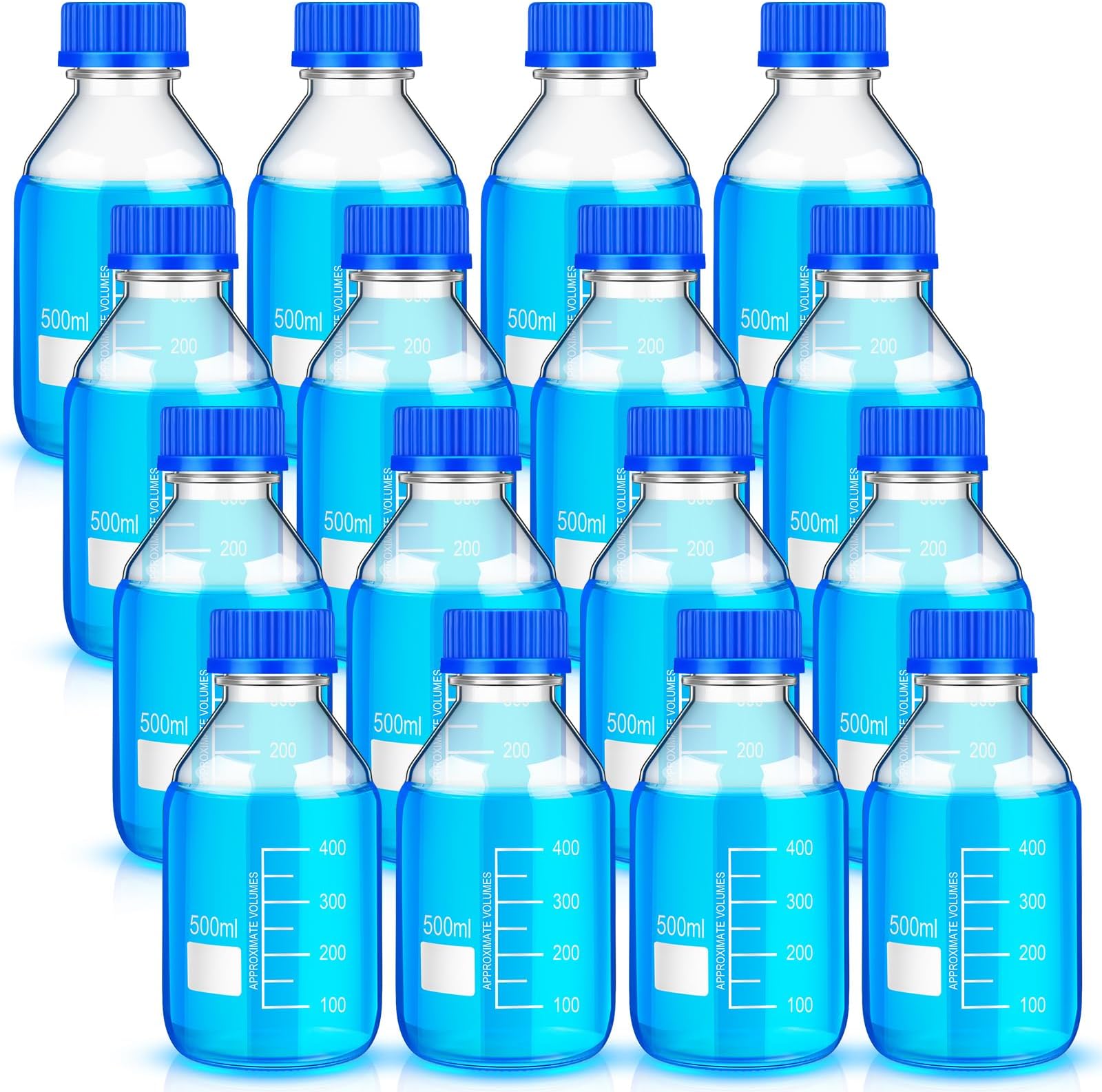 - Chuarry 16 Pieces Media Storage Bottles Borosilicate Storage Glass Bottle Scientific Round Graduated Media Bottle with Blue Gl45 Screw Cap for Lab Water Reagent Liquids (500 ml)