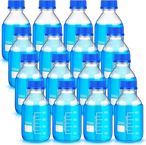 16 botellas de almacenamiento de medios, botella de vidrio de almacenamiento de borosilicato, botella científica redonda graduada con tapa de rosca
