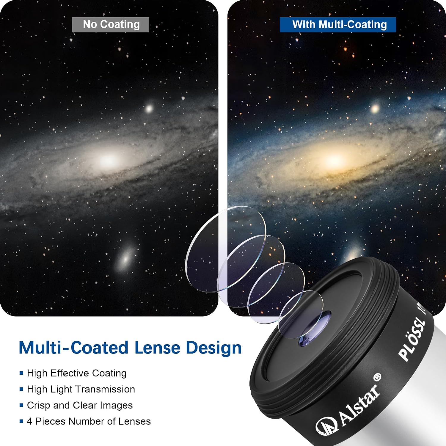 Alstar 1.25 Inch Plossl Telescope Eyepiece - 10mm Fully Multicoated Optical Lens for 1.25inch Astronomic Telescope and Astronomy Filters - 4 Element Plossl Design