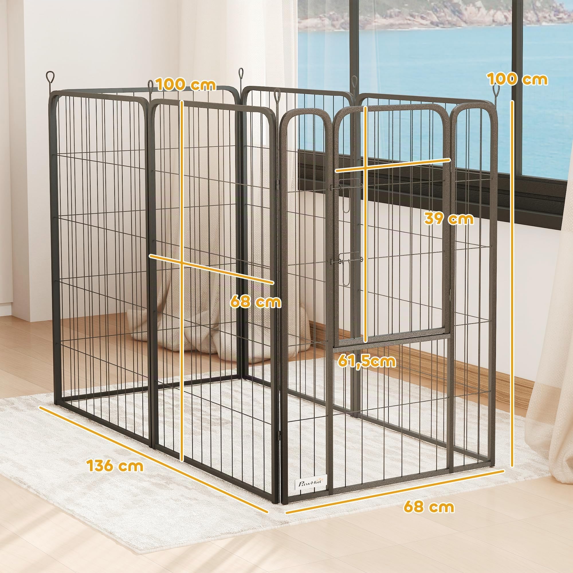 PawHut Welpenlaufstall Welpenauslauf mit Tür Faltbar 6-teilig 100 cm hoch | Freilaufgehege, Verriegelung, Hundelaufstall mit Erdspießen, Laufstall für Hunde Kleintiere, für drinnen und draußen