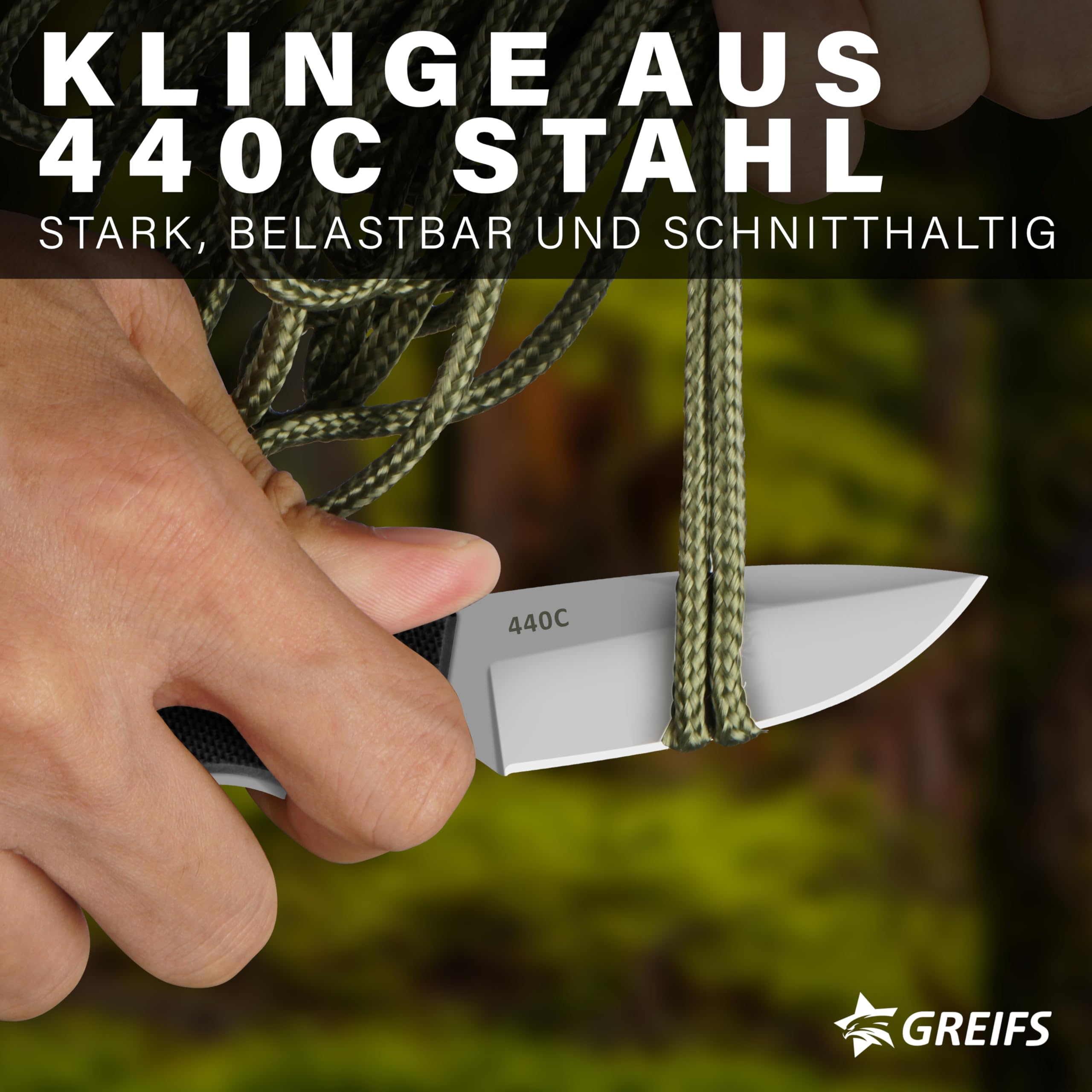 GREIFS® Neck Knife Messer NEXUS mit Kydex Scheide, Clip+Paracord zum Umhängen oder Einstecken, Tactical Survival EDC Outdoor Messer versteckt Tragen - Legal in Deutschland - 42a konform (Silver-Black)