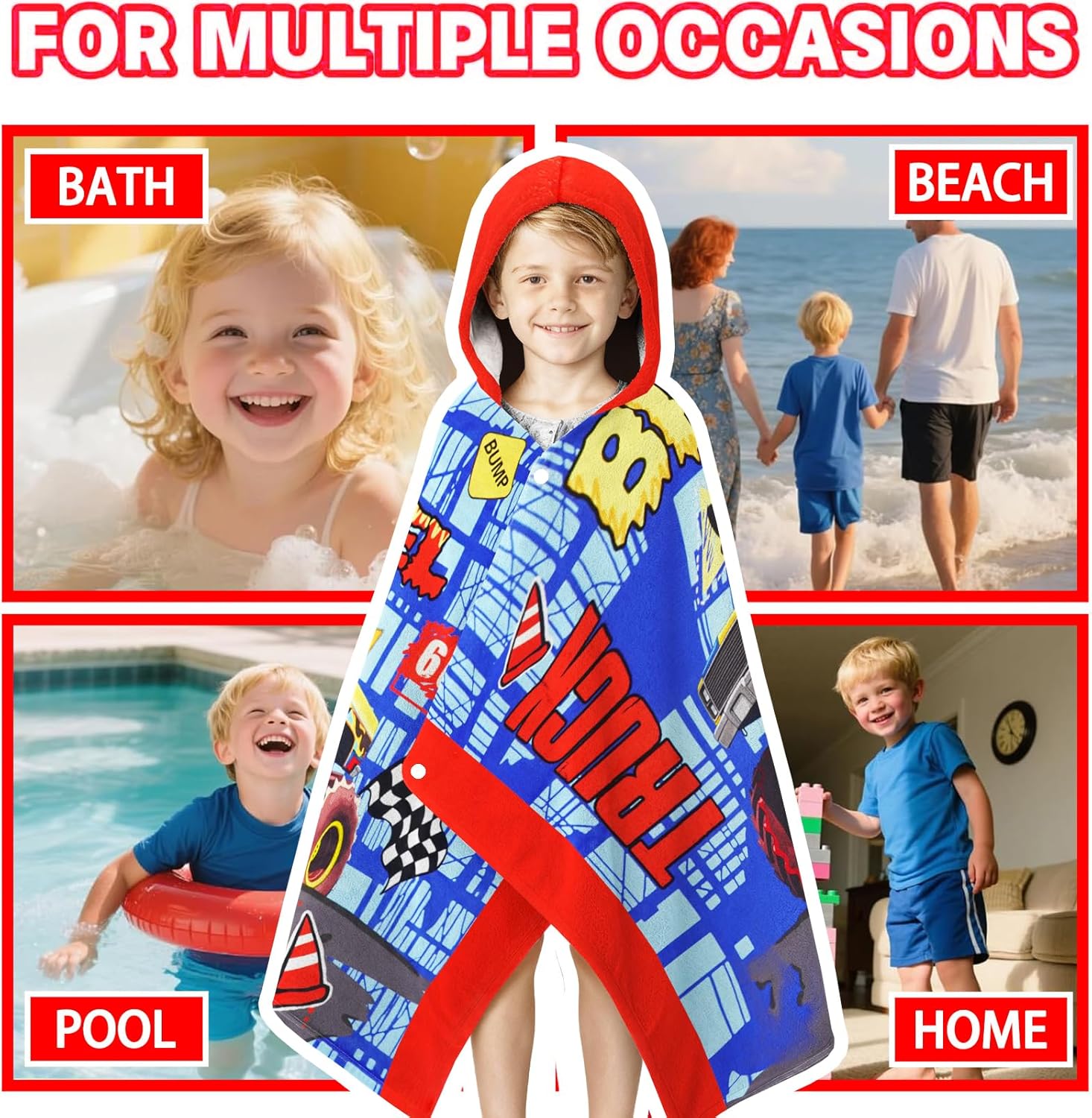 Hooded Beach Towels for Kids - Ultra Soft 100% Cotton Big Truck Toddler Hood Bath Towels/Pool Terry Towel Beach Poncho Wrap Absorbent Cute Bath & Swim Wrap Gift for Boys & Girls 3-10 Years - Blue - Image 7