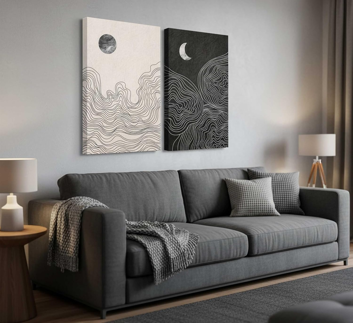 2 Pcs Modern Minimalist Boho Canvas Wall Art Neutral Black And White Abstract Sun And Moon Lines Paintings Pictures Wall Decor Poster Print Artwork for Living Room Bedroom Home Decoration