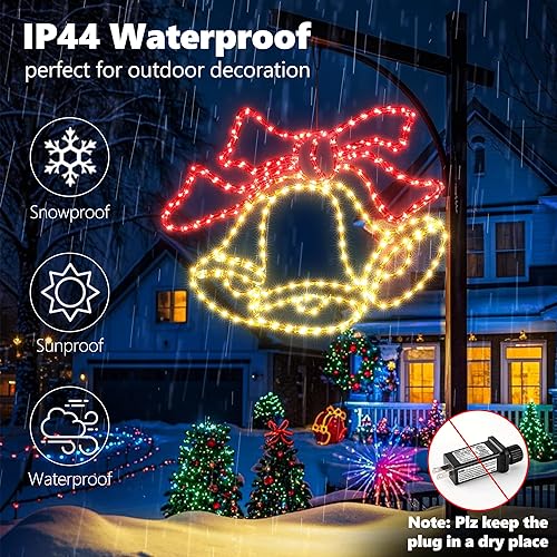 Miniatura 5 de Decoración de luces de campana grande de 33 pulgadas, 297 luces LED de Navidad impermeables para exteriores, decoración de campana grande con