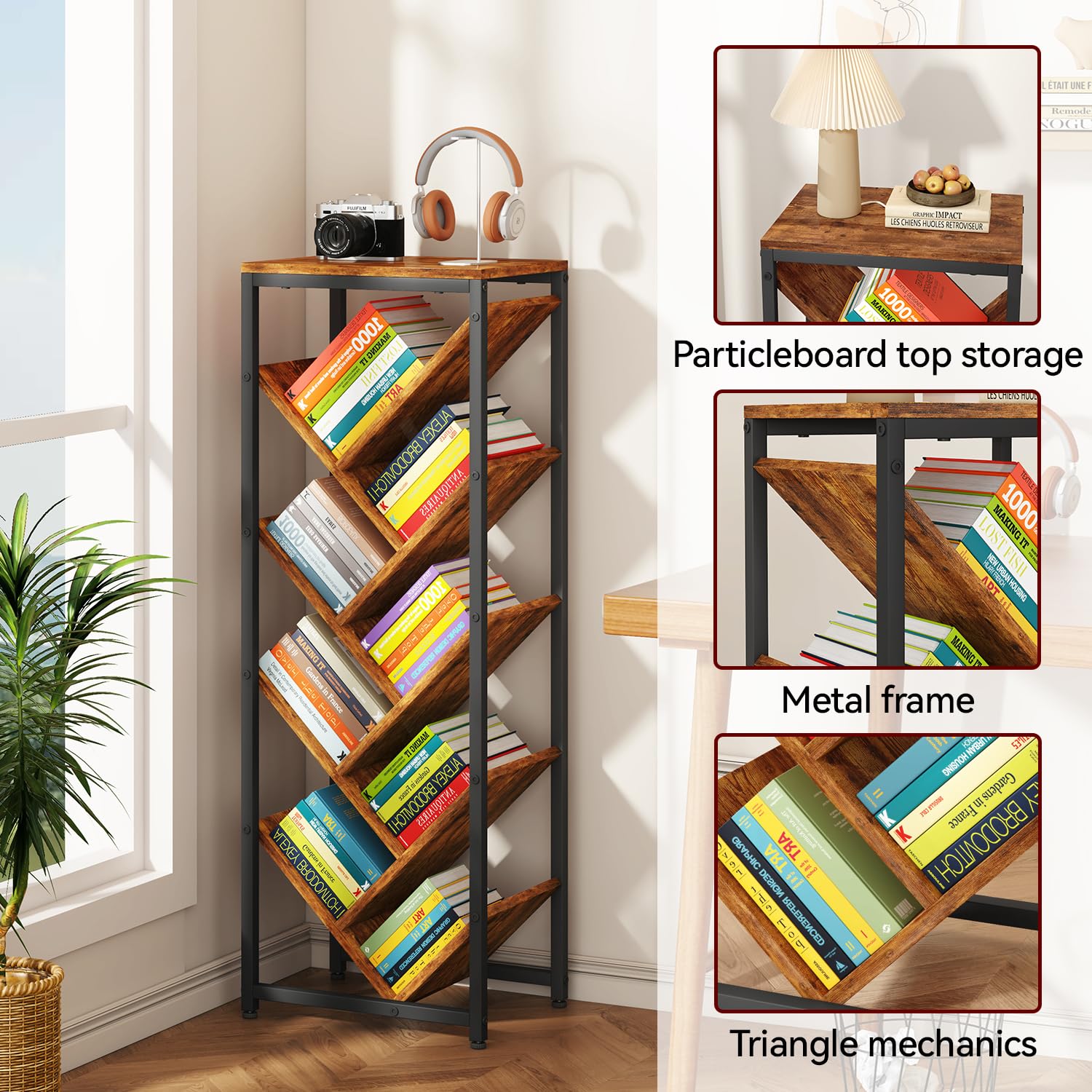 IBUYKE - Libreria ad albero a 9 ripiani, da terra, in legno, per spazi ristretti, organizer per libri/CD/film, piccola libreria angolare per camera da letto e soggiorno, marrone rustico, TBC002H